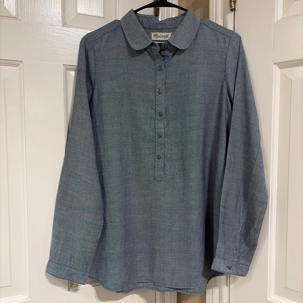 Madewell Womens Medium Blue Ramie Peter Pan Collar Popover Blouse Long Sleeve
